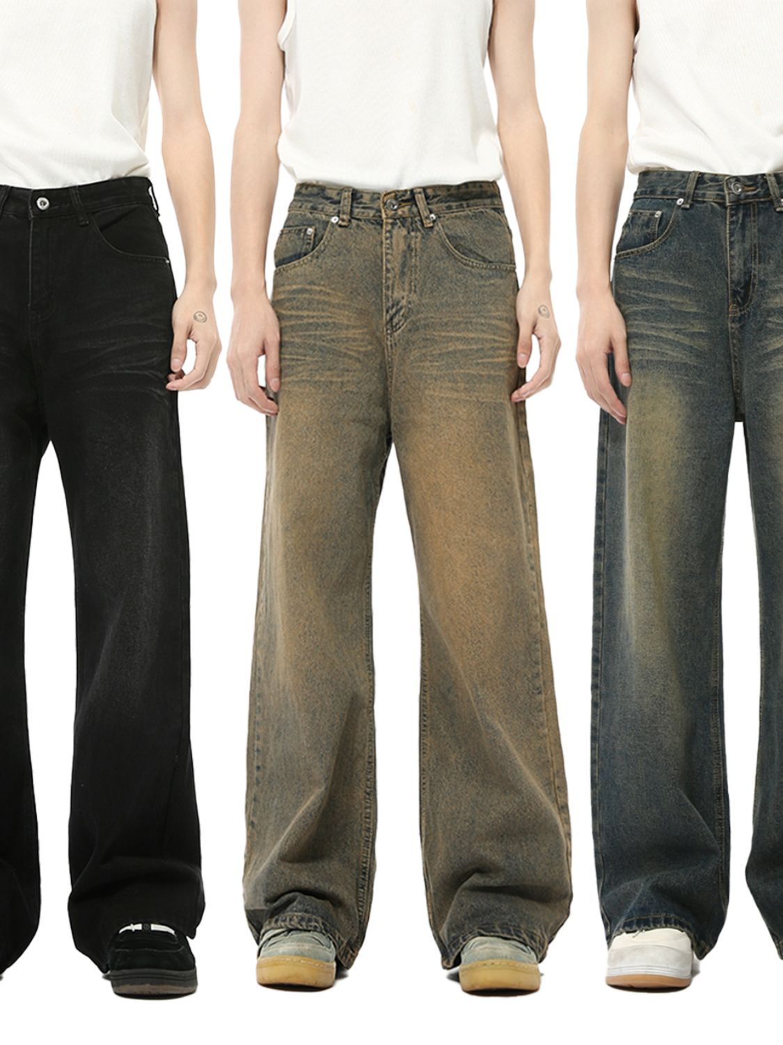 Washed Cat Whisker Straight Leg Jeans in black, tan, and blue, featuring a basic style with no stretch.