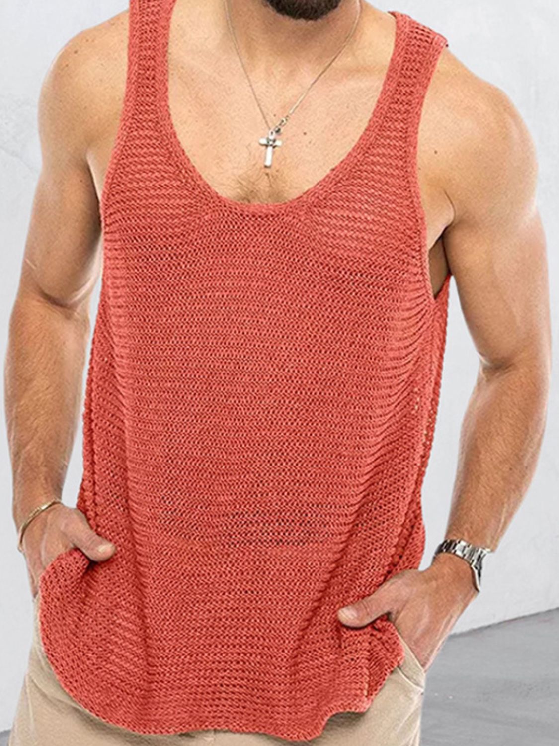 Men's plus size scoop neck knit tank top in coral color with moderate stretch.