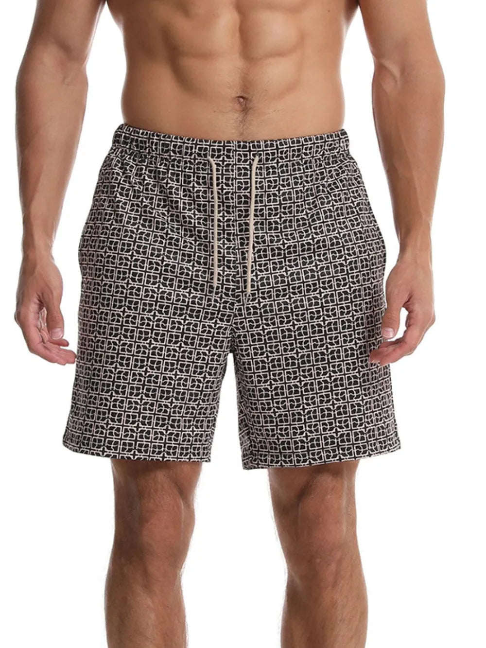 Men's drawstring printed shorts with pockets, polyester-cotton blend, casual style.