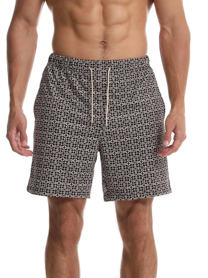 Men's drawstring printed shorts with pockets, polyester-cotton blend, casual style.