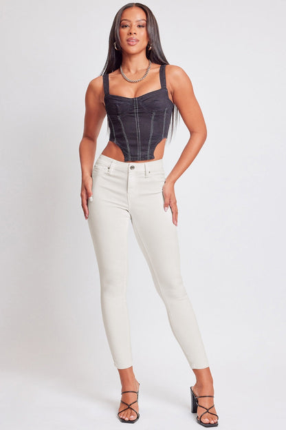 YMI Jeanswear Hyperstretch Mid-Rise Skinny Jeans in white, featuring a mid-rise waist, designed for a flattering and modern fit.