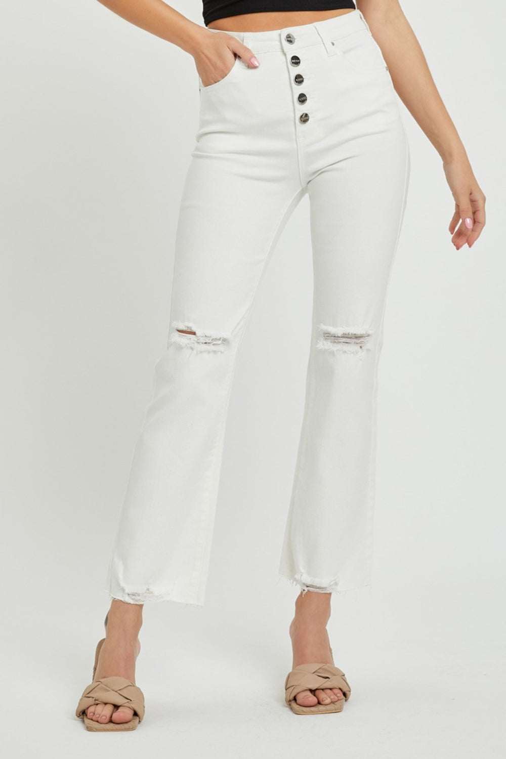 Full Size High Rise Button Fly Straight Ankle Jeans with distressed details and vintage charm.