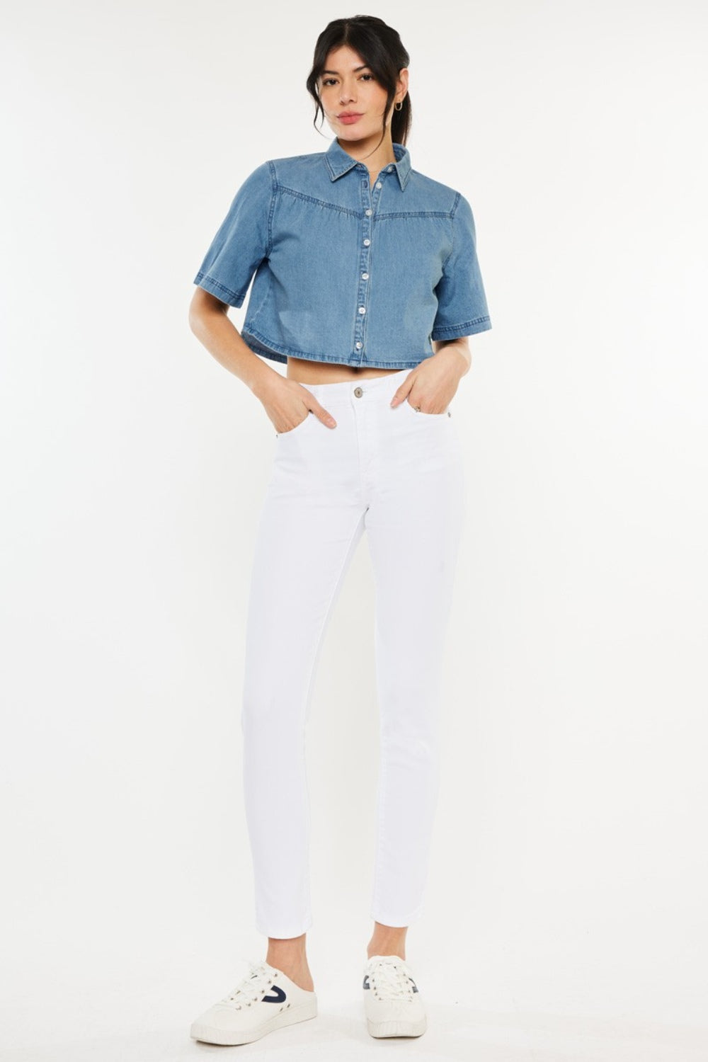 High Rise Ankle Skinny Jeans with moderate stretch and sleek silhouette.