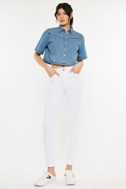High Rise Ankle Skinny Jeans with moderate stretch and sleek silhouette.