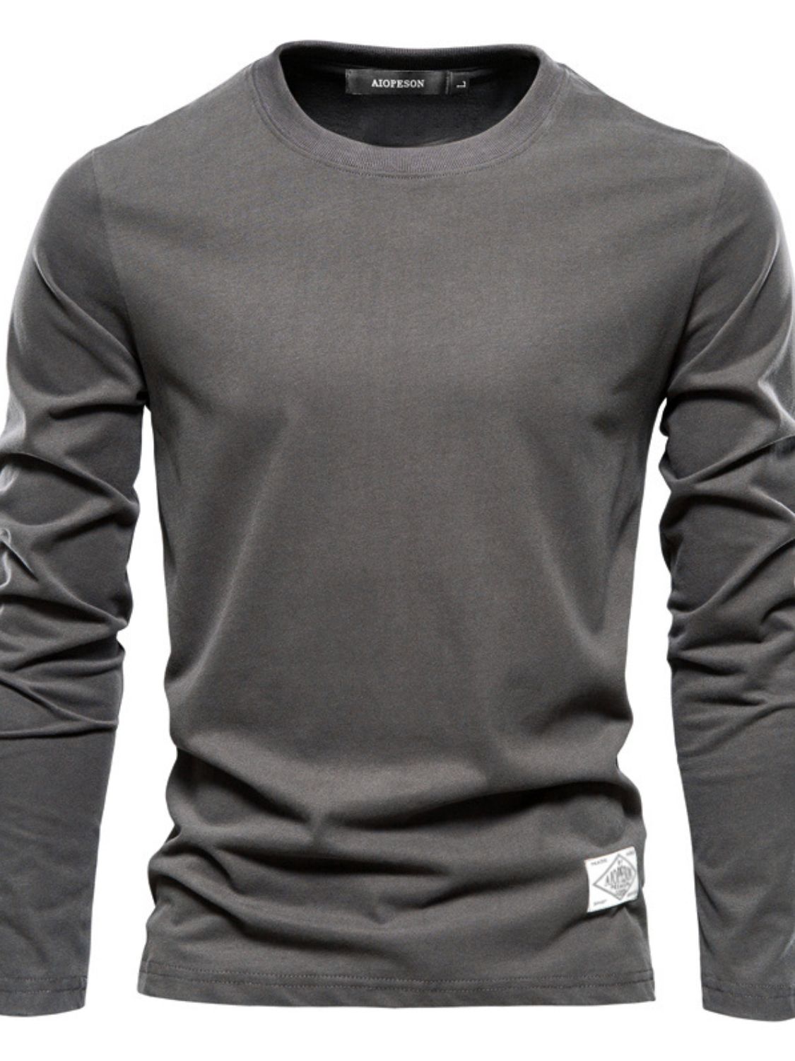 Men's round neck long sleeve T-shirt in dark gray 100% cotton.