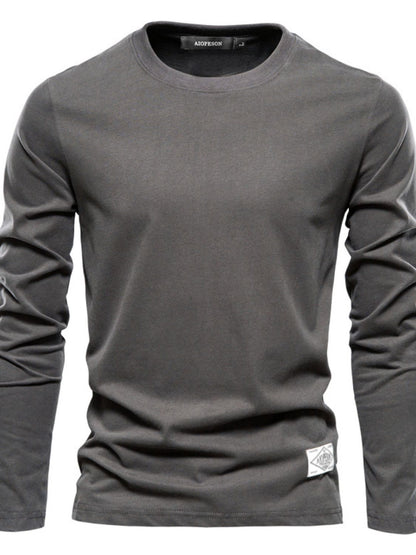 Men's round neck long sleeve T-shirt in dark gray 100% cotton.