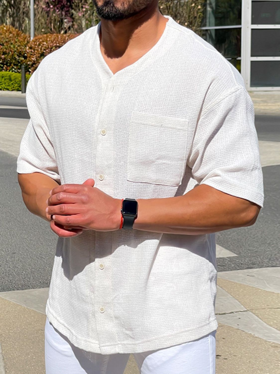 Men's plus size white button down shirt with chest pocket.