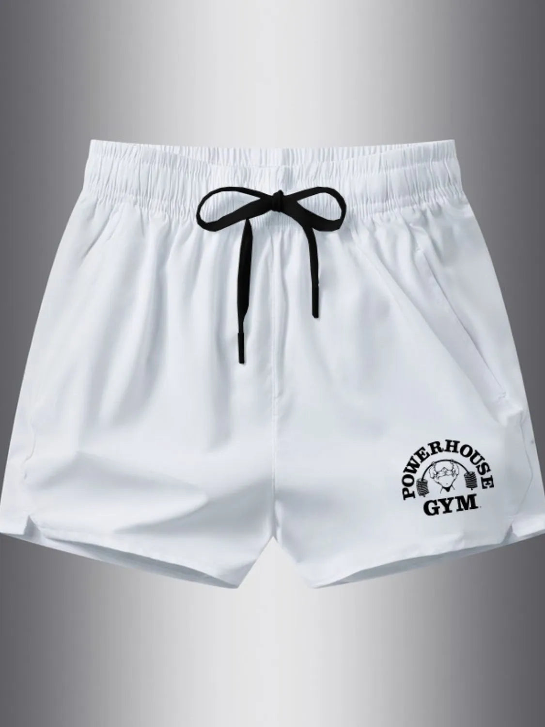 Plus size drawstring shorts in white with Powerhouse Gym logo.