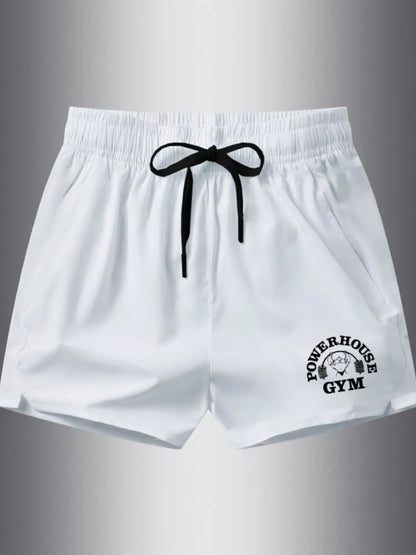 Plus size drawstring shorts in white with Powerhouse Gym logo.