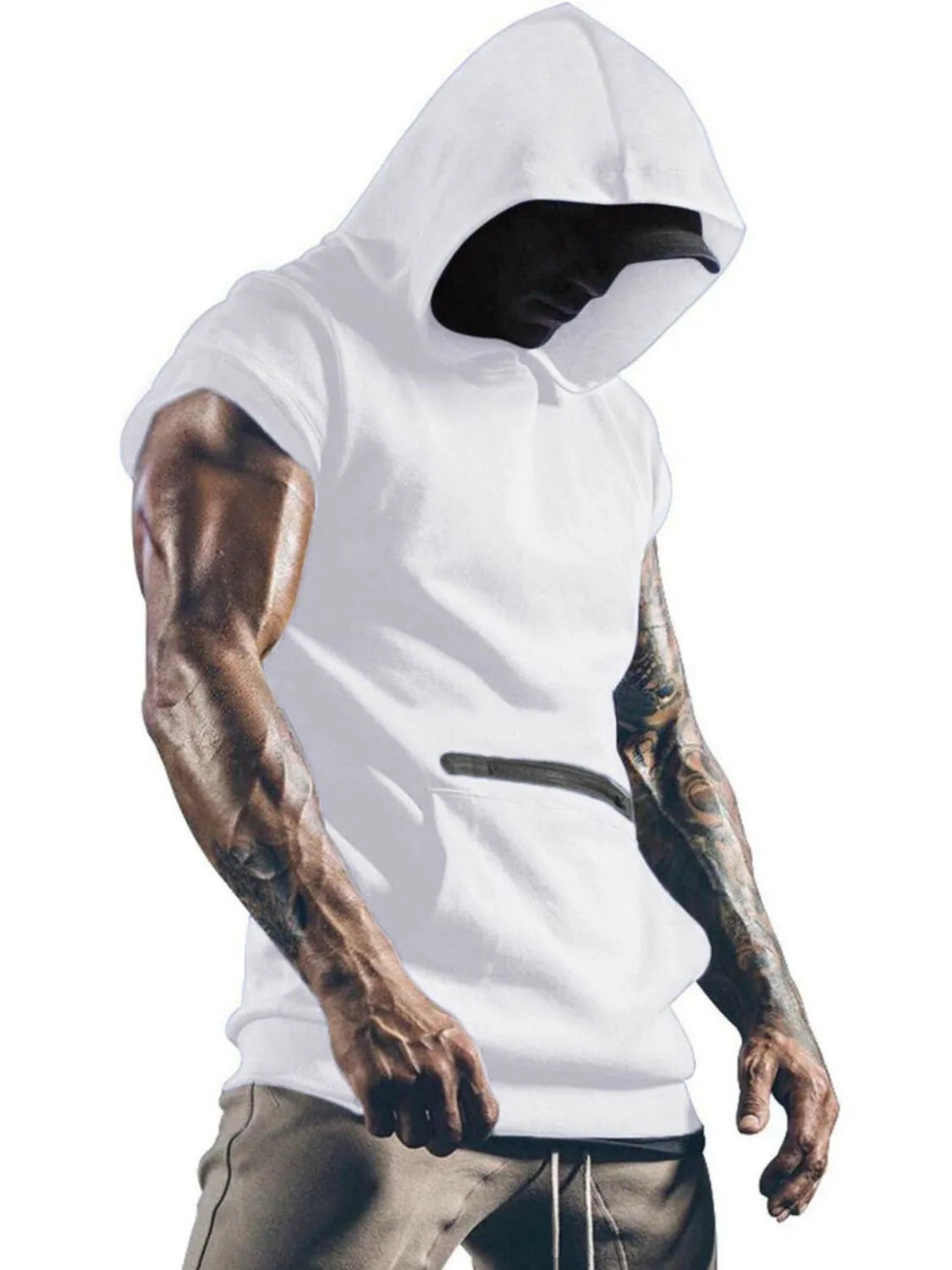 Men's plus size hooded tank with kangaroo pocket.