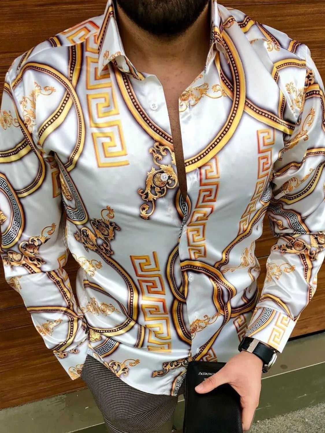 Men's plus size printed button up long sleeve shirt with geometric design.