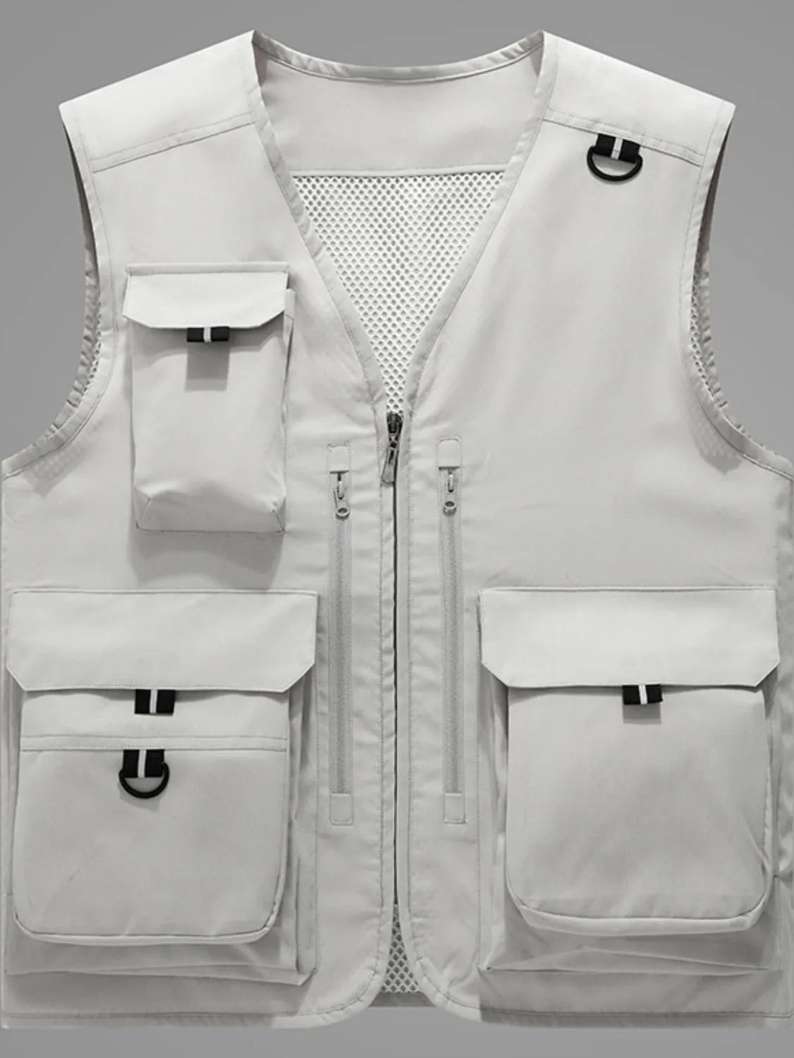 Men's plus size zip up V-neck vest, basic style, slightly stretchy polyester with pockets.