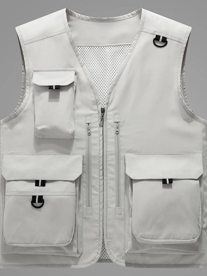 Men's plus size zip up V-neck vest, basic style, slightly stretchy polyester with pockets.