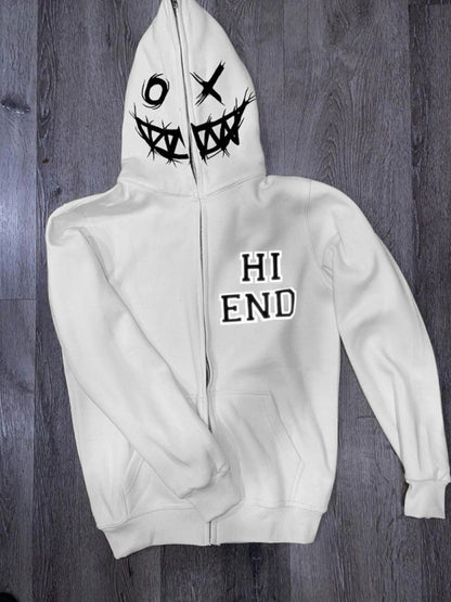 Men's zip up letter graphic hoodie with playful stitched face design on hood, pocketed, polyester and cotton blend.