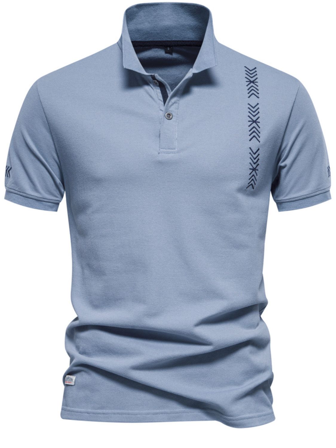Men's light blue collared neck geometric embroidered polo shirt.
