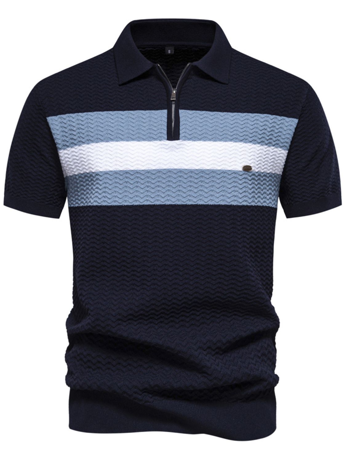 Men's collared neck polo with striped knit texture in black, blue, and white.