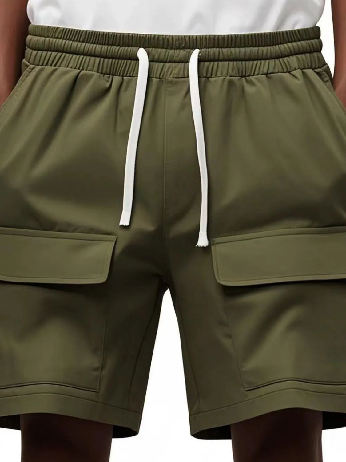 Men's drawstring shorts with pockets in olive green, basic style, 100% polyester.