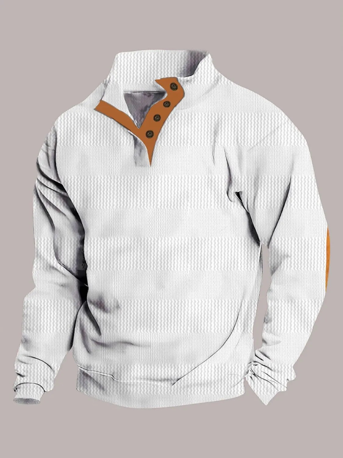 Men's full size button detail long sleeve sweatshirt, slightly stretchy, 96% polyester, 4% cotton.
