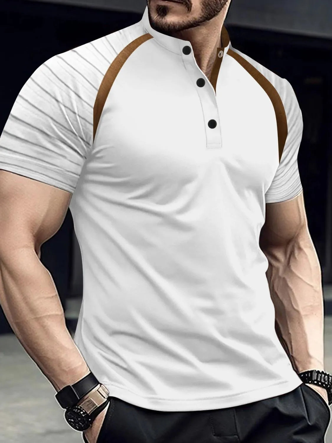 Men's full size button detail short sleeve polo, slightly stretchy fabric, basic style, plus size.
