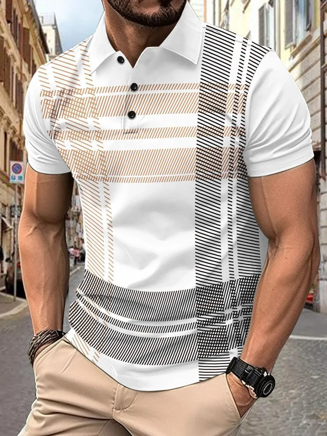 Men's short sleeve polo with button detail, full size, slightly stretchy fabric, polyester-cotton blend.
