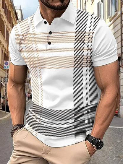 Men's short sleeve polo with button detail, full size, slightly stretchy fabric, polyester-cotton blend.
