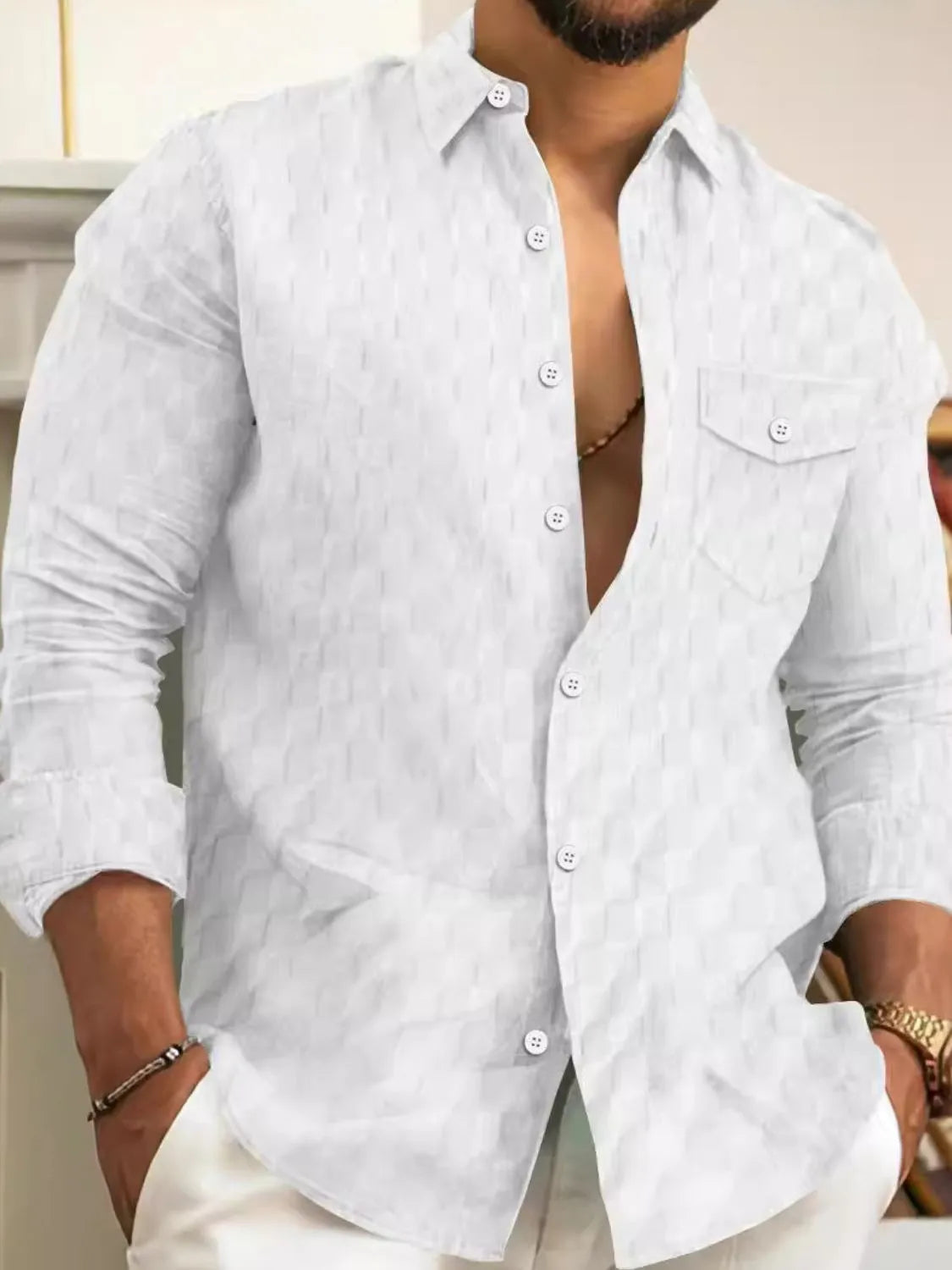 Men's full size button up long sleeve shirt in white, slightly stretchy fabric.