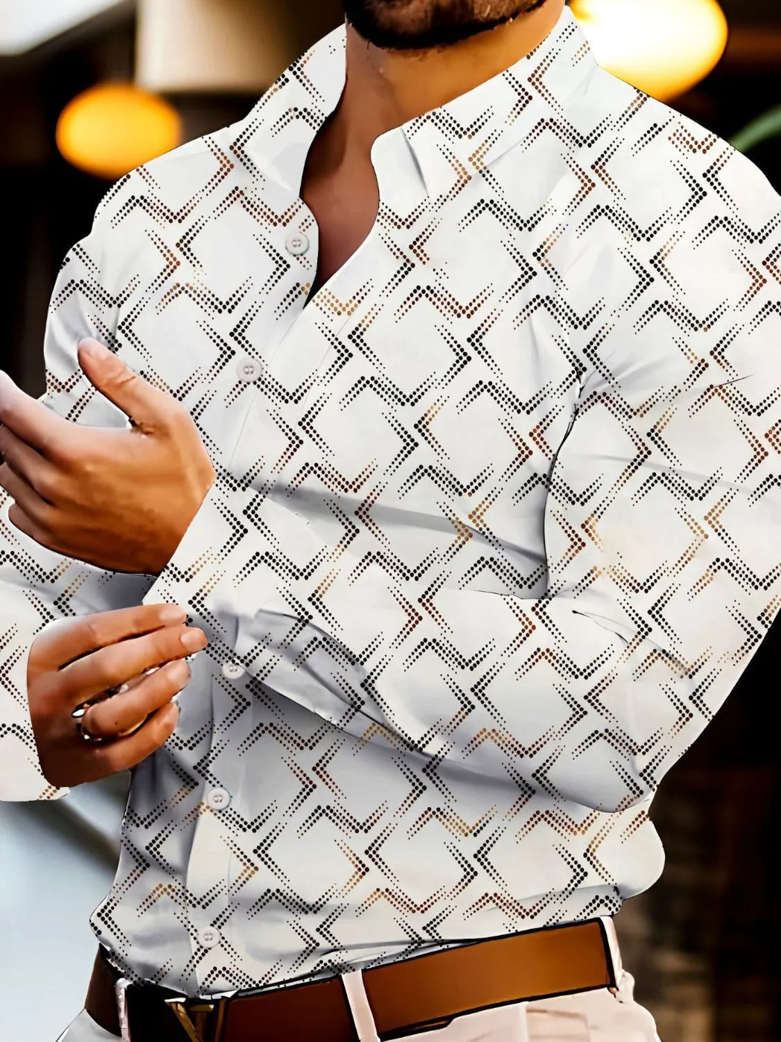 Men's full size button up long sleeve shirt with geometric pattern.