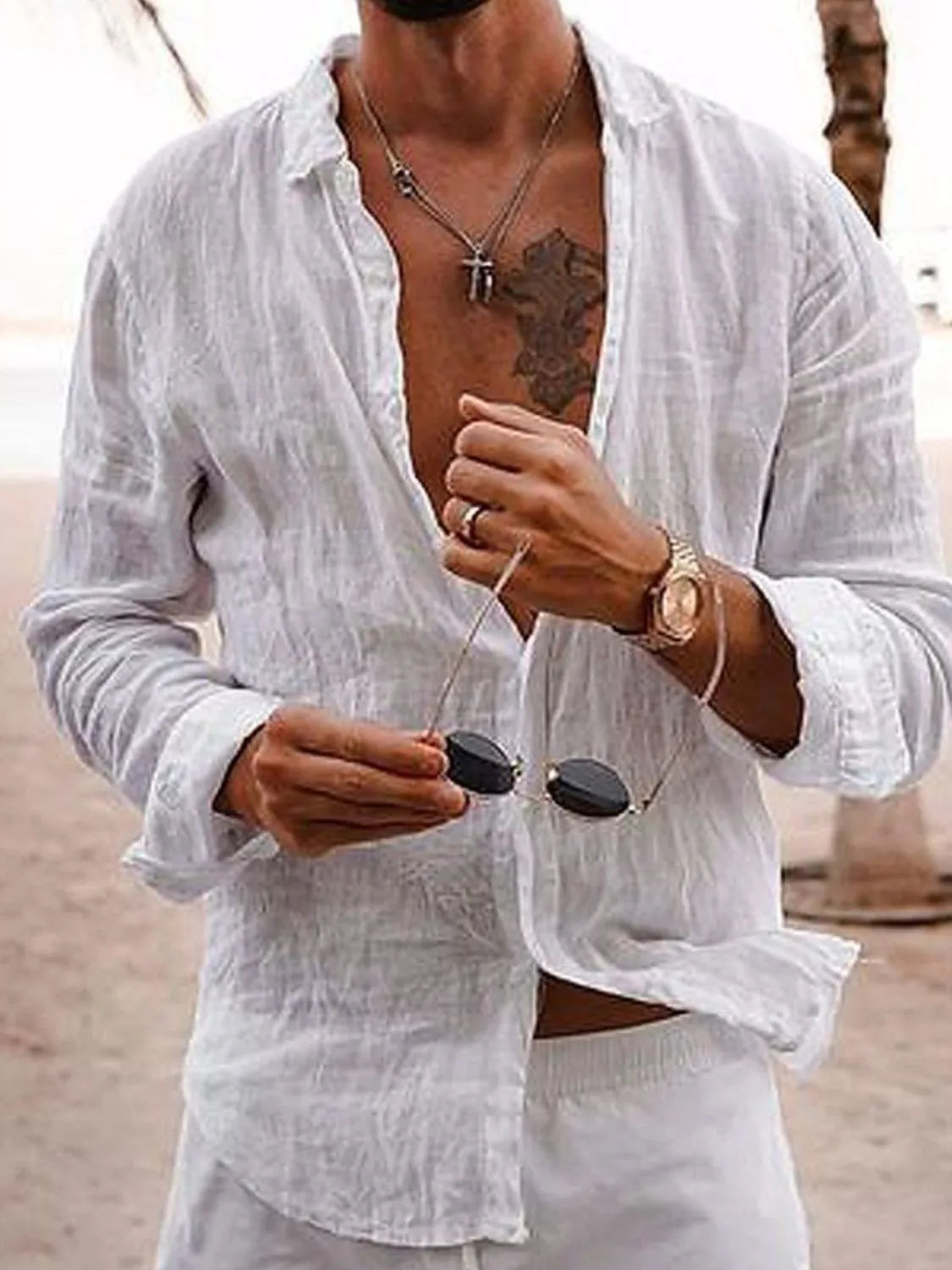 Men's full-size button-up long sleeve shirt in white, slightly stretchy cotton material.
