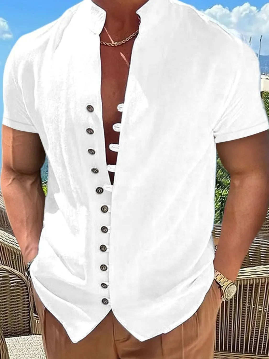 Men's full size button up short sleeve shirt in white.