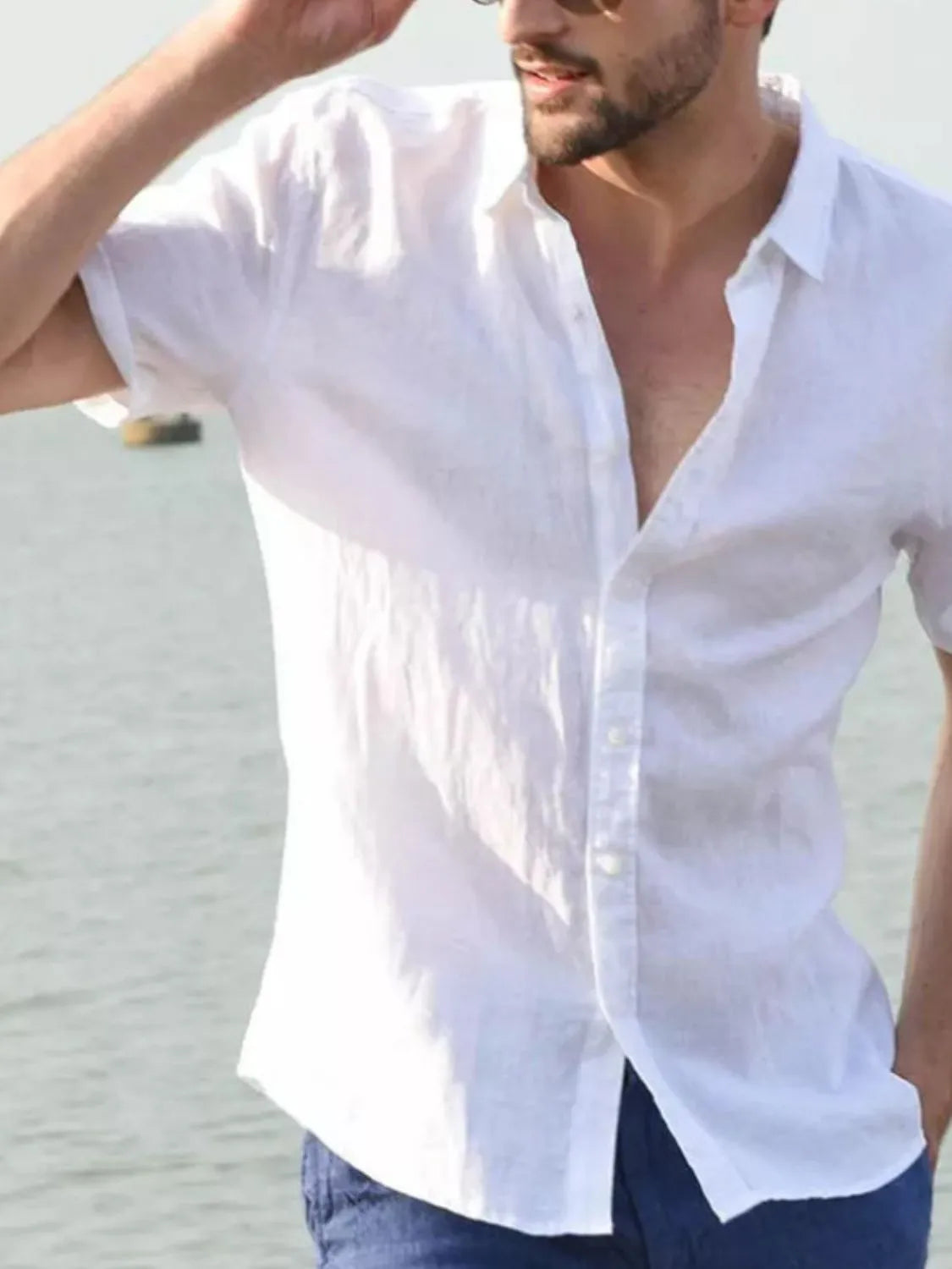 Men's full size button up short sleeve shirt, slightly stretchy fabric, polyester-cotton blend.