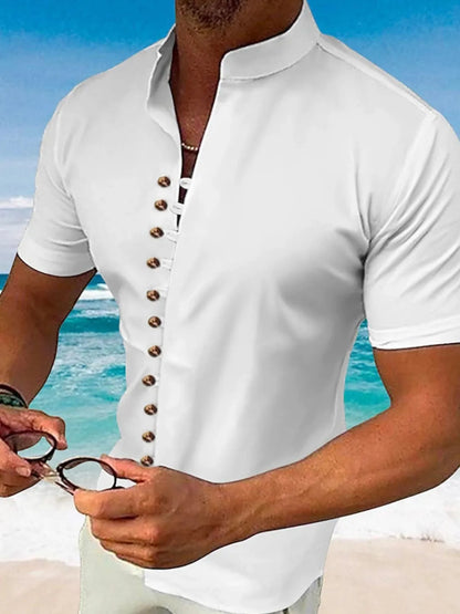Men's full size button up short sleeve shirt, basic style with slight stretch, in white.