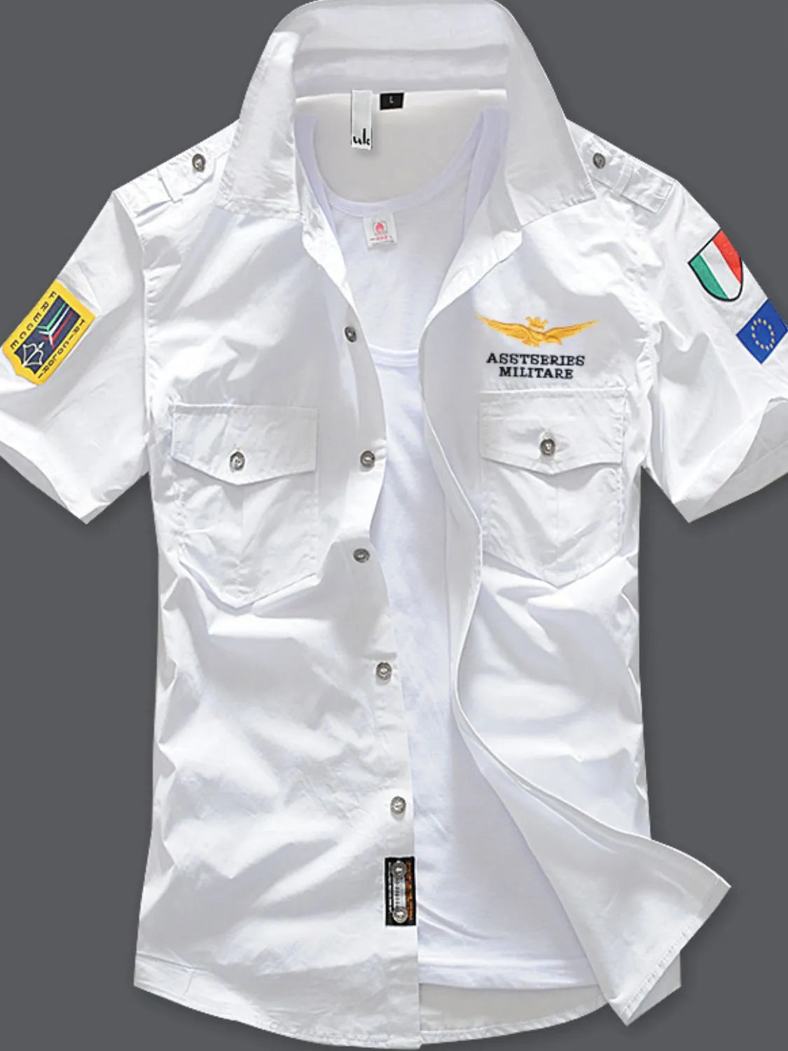 Men's full-size button-up short sleeve shirt in white with patches and two chest pockets.