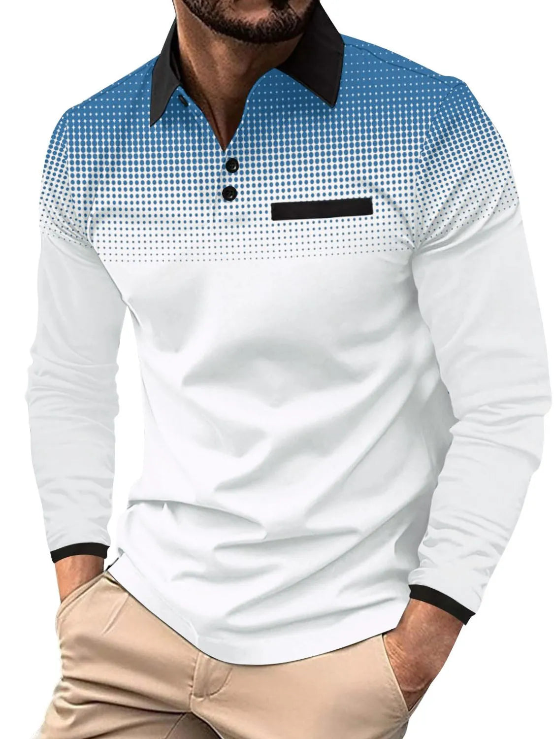 Men's full size collared neck long sleeve polo shirt in white and blue gradient design with slight stretch.