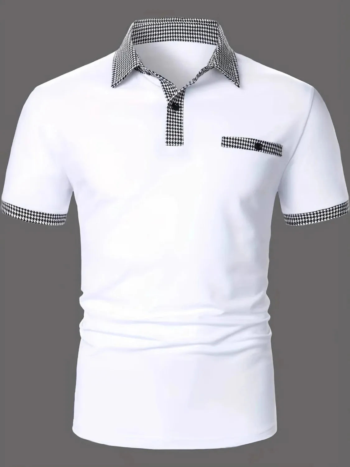 Men's full size collared short sleeve polo, slightly stretchy, polyester-spandex blend, basic style.