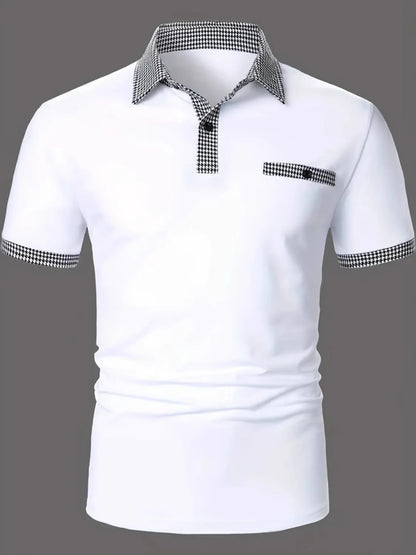 Men's full size collared short sleeve polo, slightly stretchy, polyester-spandex blend, basic style.