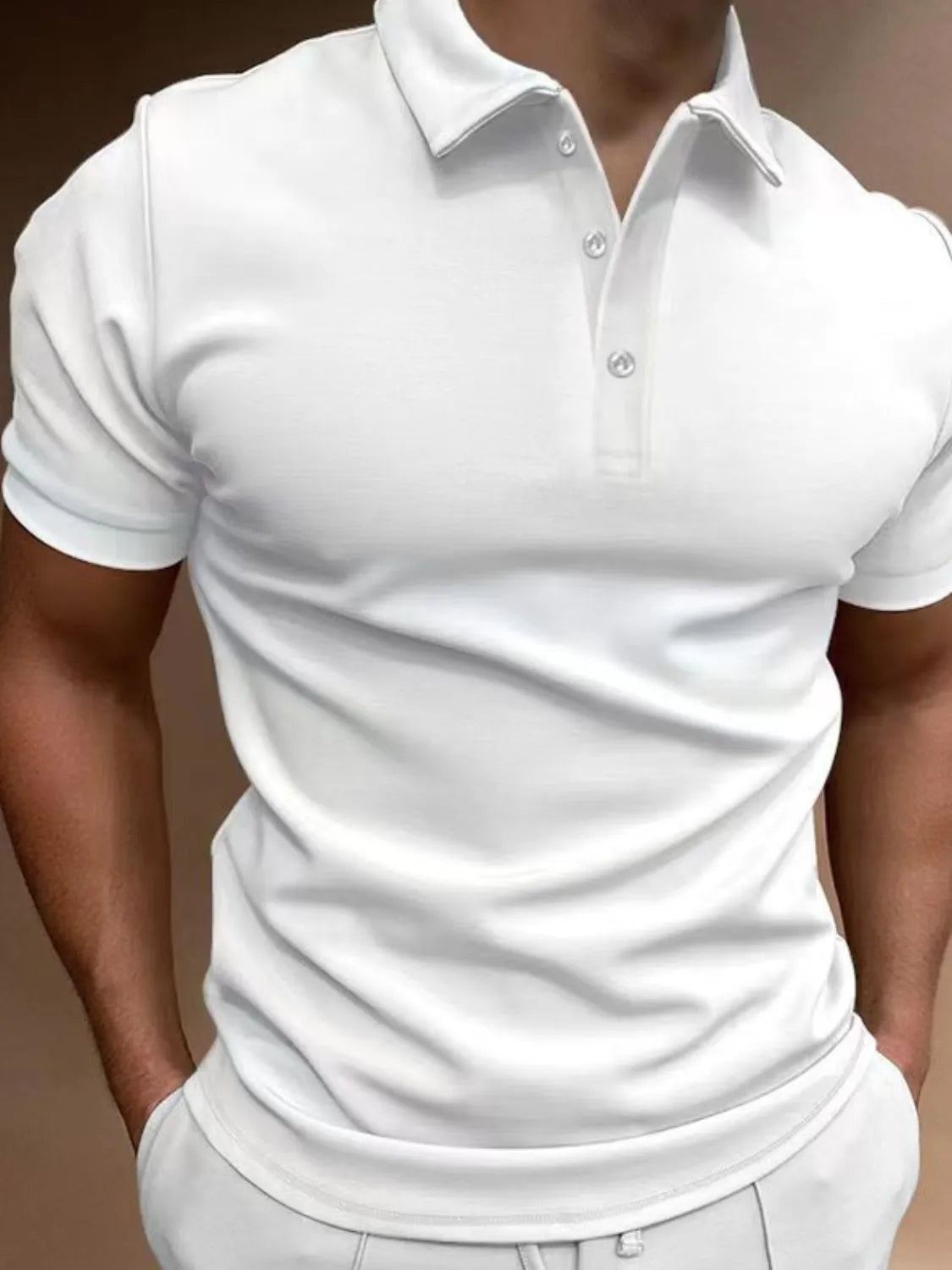 Men's full size collared neck short sleeve polo in white.