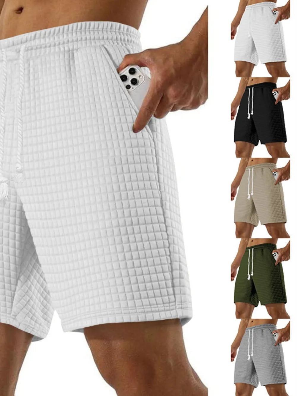 Men's full size drawstring textured shorts in various colors.