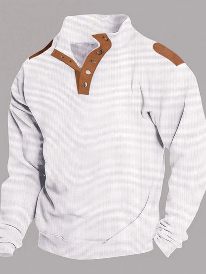 Men's full size quarter snap long sleeve top, slightly stretchy, polyester-cotton blend.