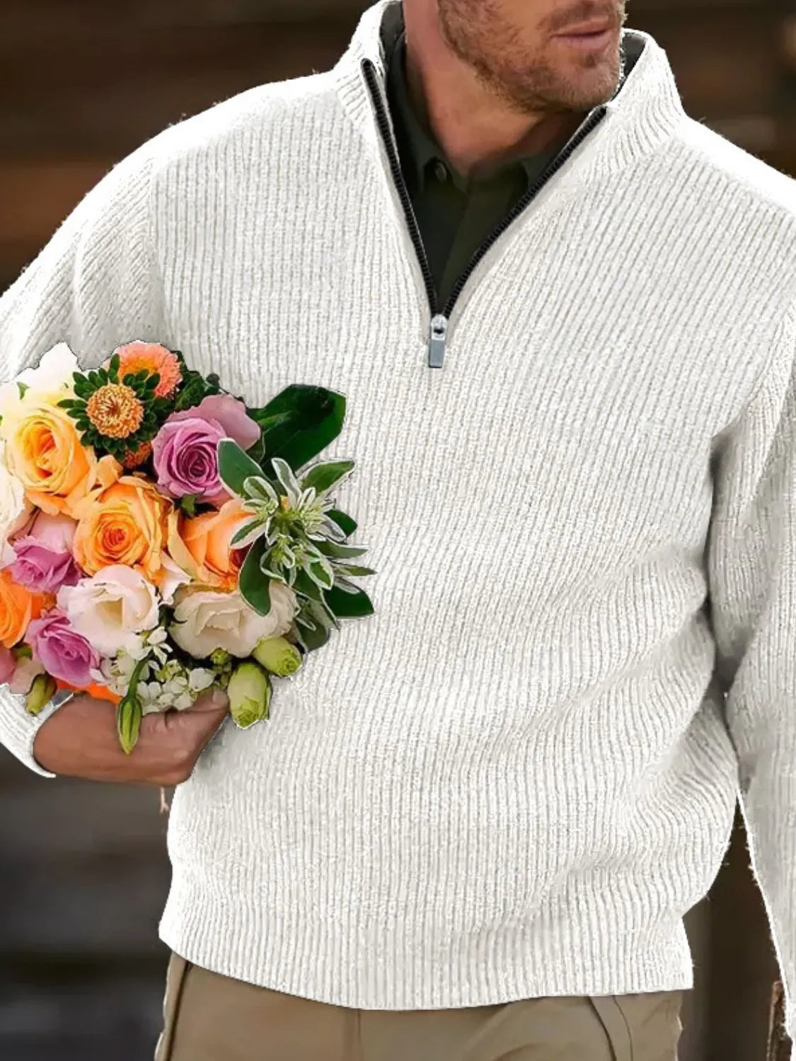 Men's full size quarter zip long sleeve polo in white, slightly stretchy cotton fabric.