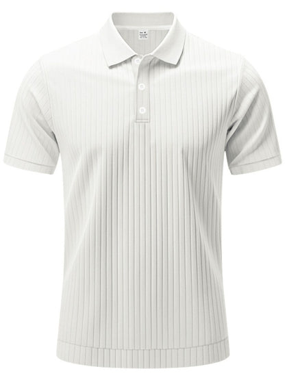 Men's full size ribbed short sleeve polo shirt in light color.