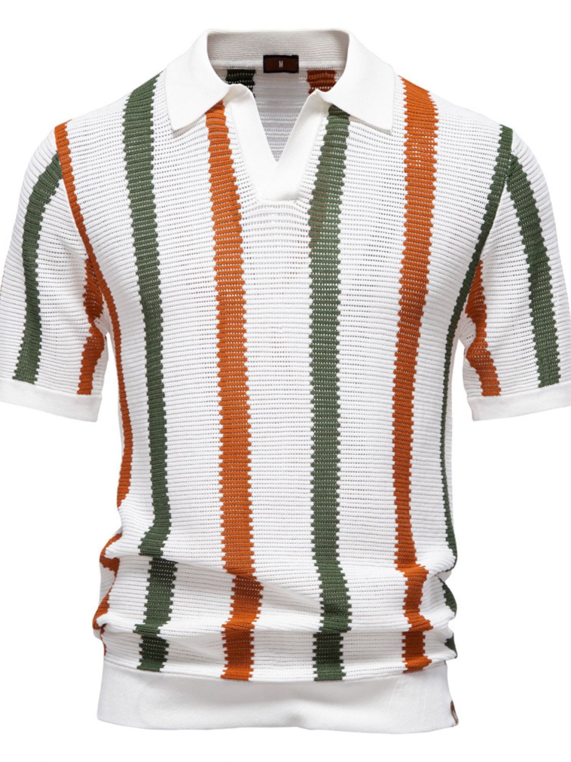 Men's collared neck striped knit polo shirt in white, green, and orange.