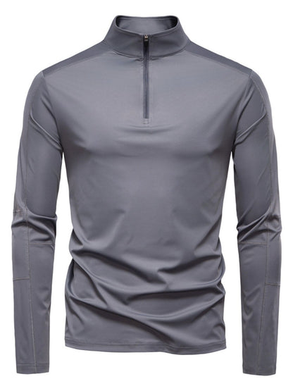 Men's sun protection long sleeve half-zip T-shirt in gray, moderate stretch, polyester and elastane.