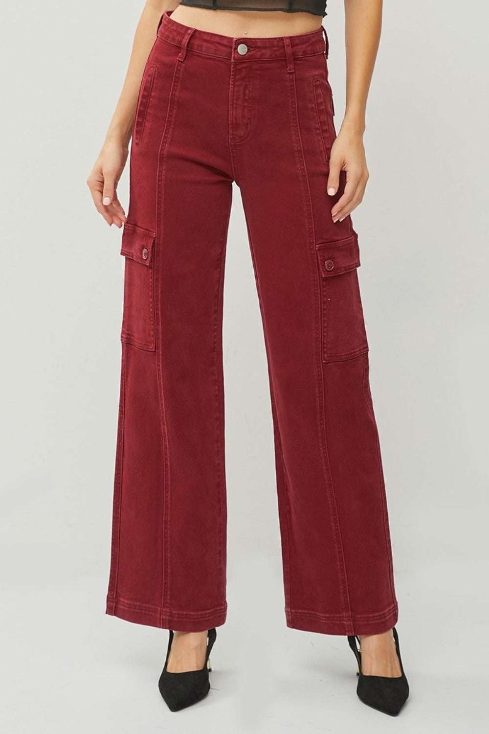 Full size high rise wide leg cargo jeans in red with cargo pockets and flattering fit.