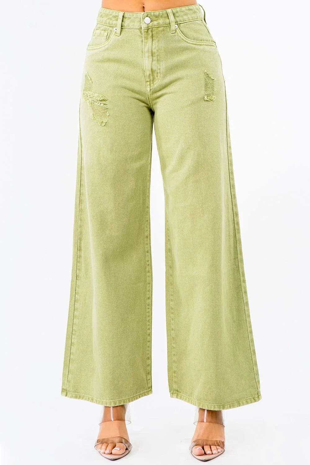 American Bazi high waist distressed wide leg jeans in green.