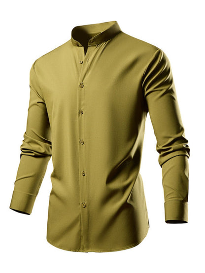 Men's Button Down Long Sleeve Shirt in olive green, featuring a basic style with slight stretch.