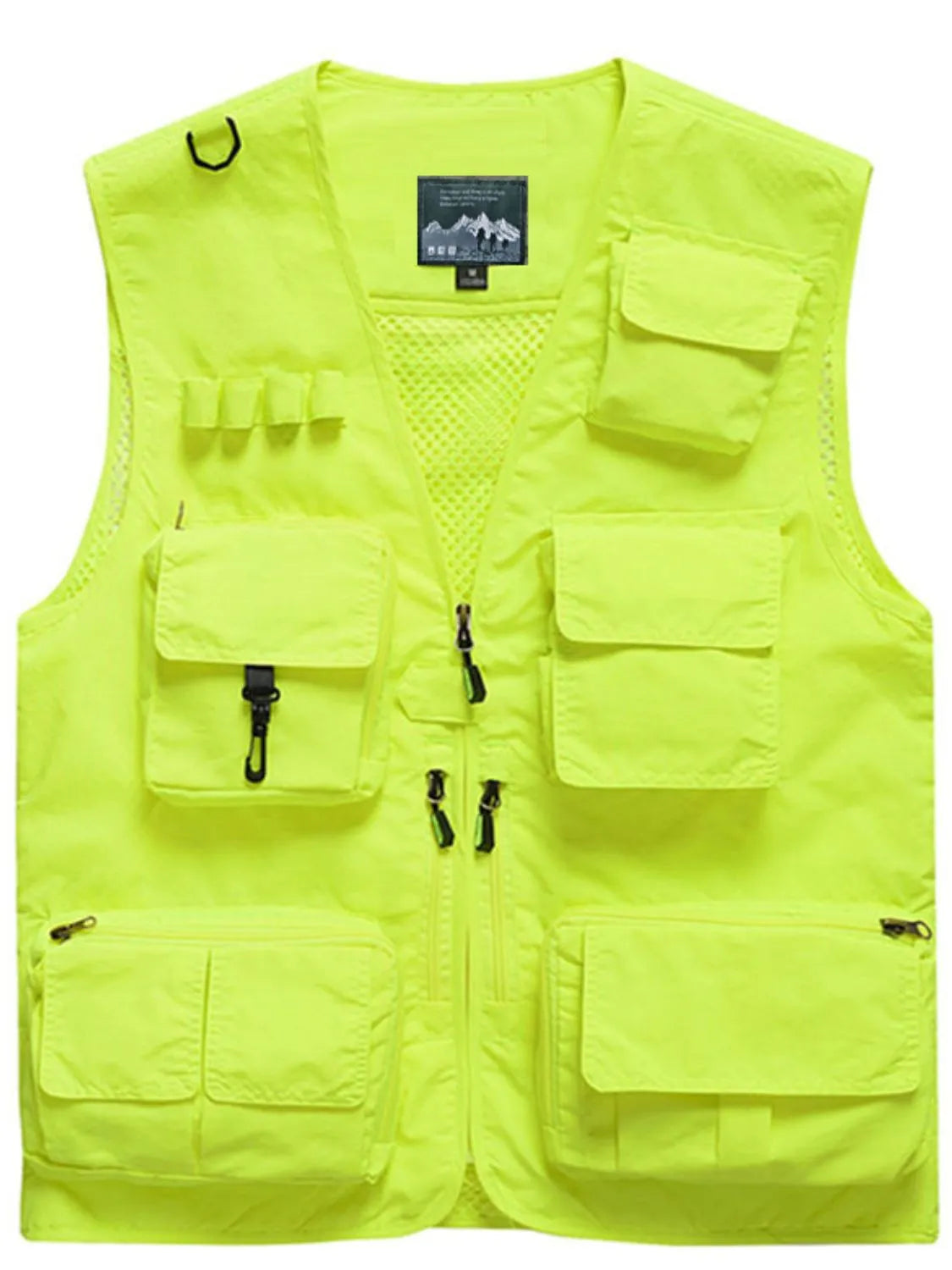Men's full size mesh zip up vest in bright yellow with multiple pockets.