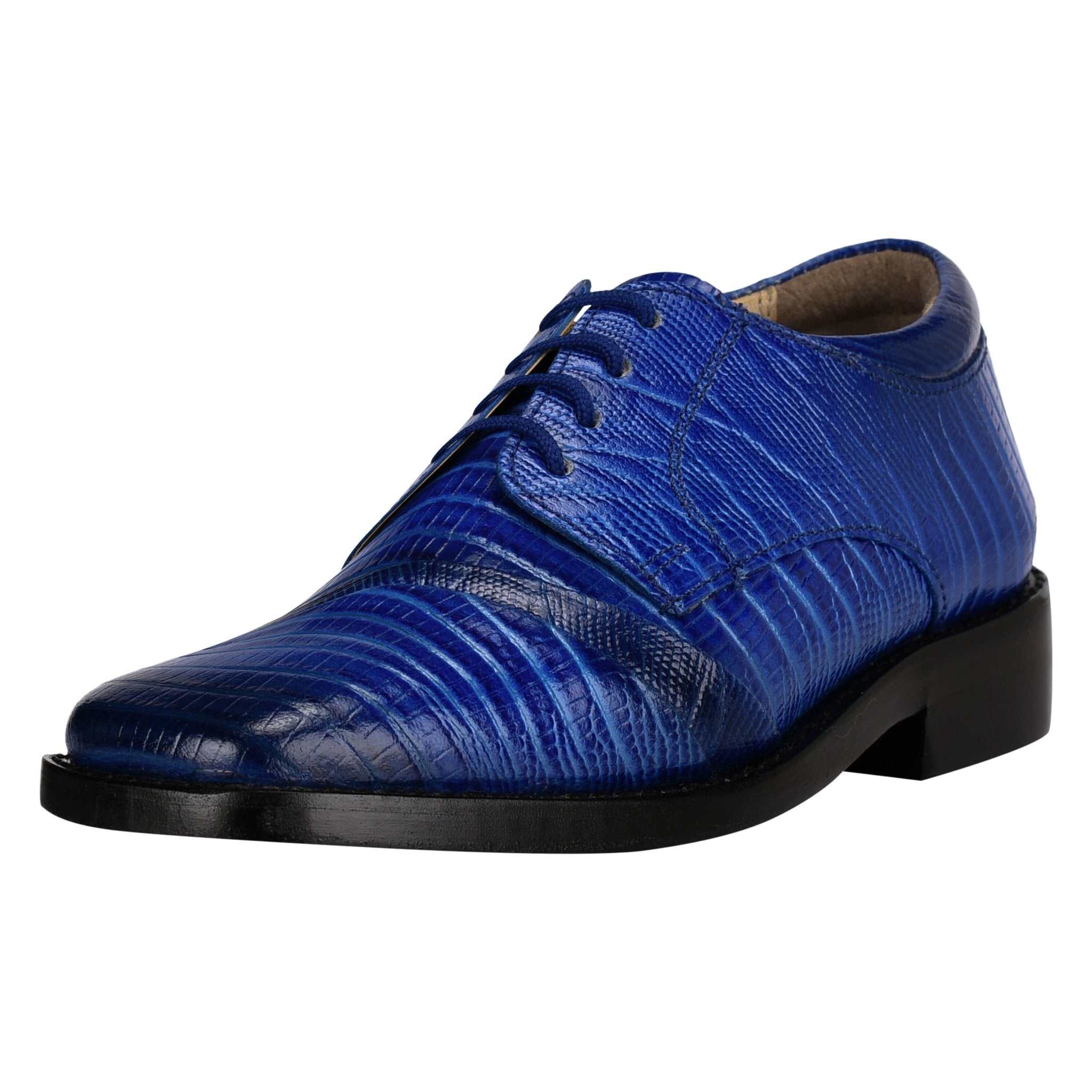 Trevor Leather Oxford style boys dress shoe in royal blue with lizard print and lace-up closure.
