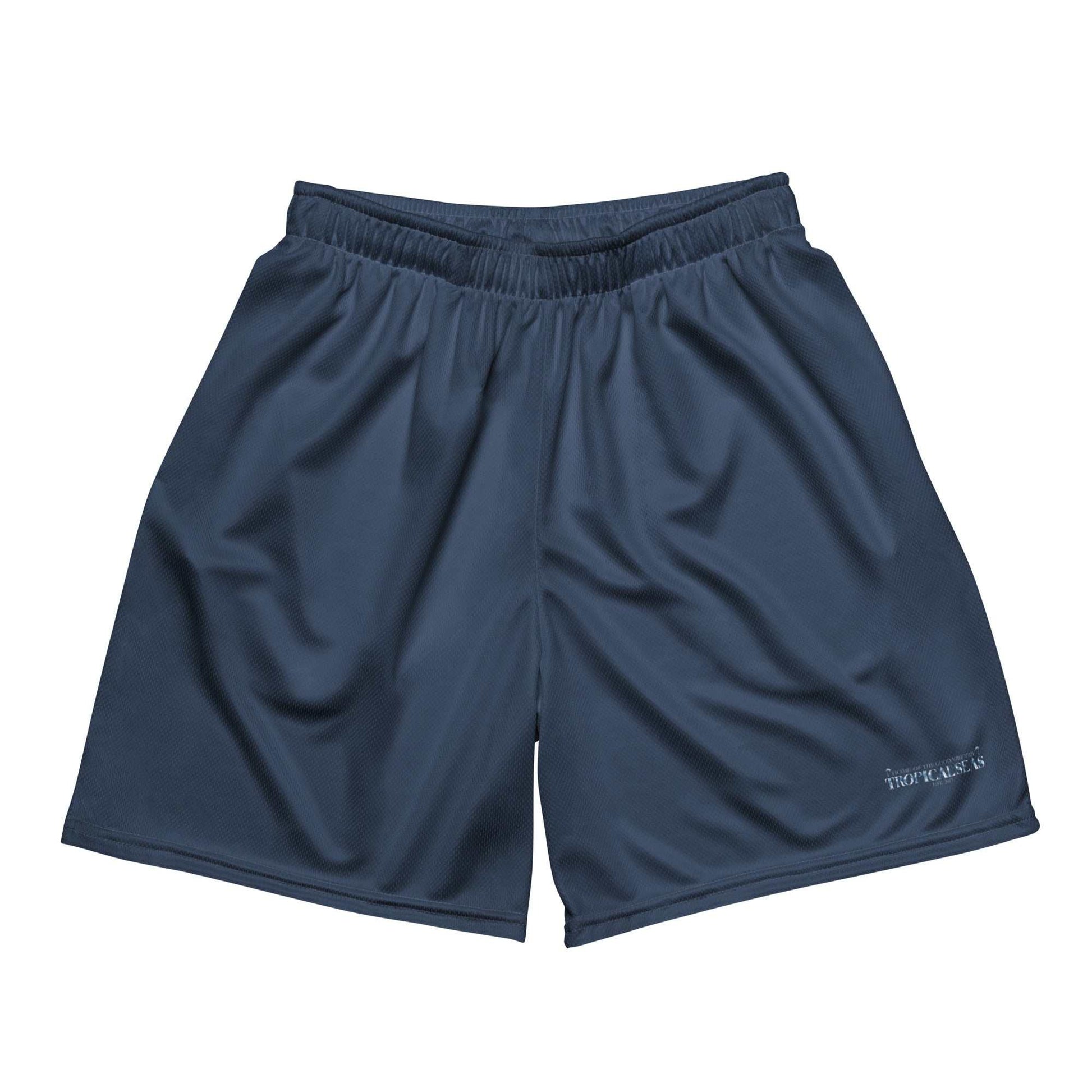 Navy blue Secret Island Athletic Mesh Shorts with elastic waistband, lightweight and moisture-wicking fabric for activewear.