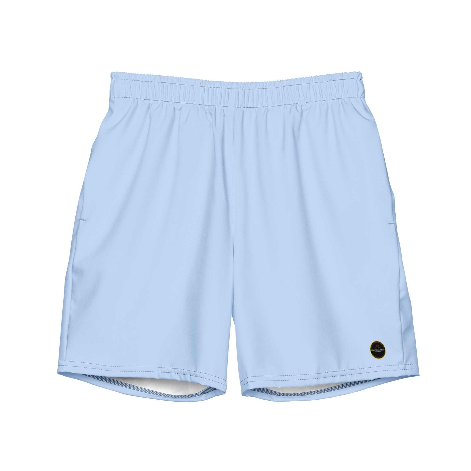 Men's blue eco board shorts made from recycled water-repellent microfiber with elastic waistband and mesh pockets.