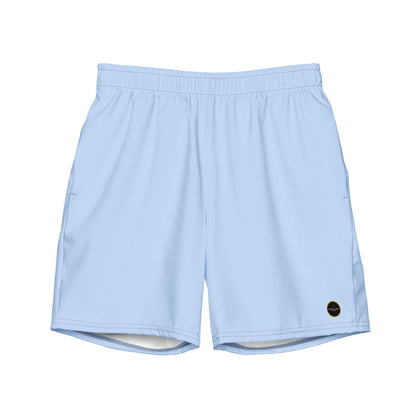 Men's blue eco board shorts made from recycled water-repellent microfiber with elastic waistband and mesh pockets.